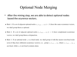 Optional Node Merging After the mining step, we are able to detect optional nodes based the ocurence vectors. 