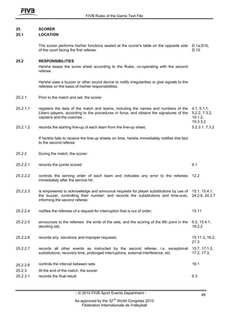FIVB Rules of the Game Text File


25         SCORER
25.1       LOCATION

           The scorer performs his/her functions seated at the scorer's table on the opposite side        D.1a,D1b,
           of the court facing the first referee.                                                         D.10

25.2       RESPONSIBILITIES
           He/she keeps the score sheet according to the Rules, co-operating with the second
           referee.

           He/she uses a buzzer or other sound device to notify irregularities or give signals to the
           referees on the basis of his/her responsibilities.

25.2.1     Prior to the match and set, the scorer:

25.2.1.1   registers the data of the match and teams, including the names and numbers of the              4.1, 5.1.1,
           Libero players, according to the procedures in force, and obtains the signatures of the        5.2.2, 7.3.2,
           captains and the coaches ;                                                                     19.1.2,
                                                                                                          19.3.3.2
25.2.1.2   records the starting line-up of each team from the line-up sheet;                              5.2.3.1, 7.3.2

           If he/she fails to receive the line-up sheets on time, he/she immediately notifies this fact
           to the second referee.

25.2.2     During the match, the scorer:

25.2.2.1   records the points scored                                                                      6.1

25.2.2.2   controls the serving order of each team and indicates any error to the referees                12.2
           immediately after the service hit;

25.2.2.3   is empowered to acknowledge and announce requests for player substitutions by use of           15.1, 15.4.1,
           the buzzer, controlling their number; and records the substitutions and time-outs,             24.2.6, 24.2.7
           informing the second referee;

25.2.2.4   notifies the referees of a request for interruption that is out of order;                      15.11

25.2.2.5   announces to the referees the ends of the sets, and the scoring of the 8th point in the        6.2, 15.4.1,
           deciding set;                                                                                  18.2.2

25.2.2.6   records any sanctions and improper requests;                                                   15.11.3, 16.2,
                                                                                                          21.3
25.2.2.7   records all other events as instructed by the second referee, i.e. exceptional                 15.7, 17.1.2,
           substitutions, recovery time, prolonged interruptions, external interference, etc.             17.2, 17.3,


25.2.2.8   controls the interval between sets                                                             18.1
25.2.3     At the end of the match, the scorer:
25.2.3.1   records the final result;                                                                      6.3



                                  - © 2010 FIVB Sport Events Department -                                        46
                                                          nd
                                  As approved by the 32 World Congress 2010
                                      Fédération Internationale de Volleyball
 