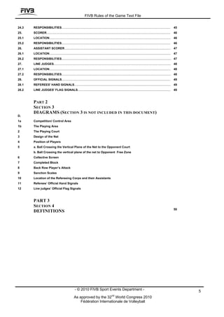 FIVB Rules of the Game Text File


24.3   RESPONSIBILITIES..................................................................................................................................           45
25.    SCORER....................................................................................................................................................   46
25.1   LOCATION.................................................................................................................................................    46
25.2   RESPONSIBILITIES..................................................................................................................................           46
26.    ASSISTANT SCORER............................................................................................................................... 47
26.1   LOCATION.................................................................................................................................................    47
26.2   RESPONSIBILITIES................................................................................................................................... 47
27.    LINE JUDGES............................................................................................................................................ 48
27.1   LOCATION.................................................................................................................................................    48
27.2   RESPONSIBILITIES................................................................................................................................... 48
28.    OFFICIAL SIGNALS..................................................................................................................................           49
28.1   REFEREES' HAND SIGNALS...................................................................................................................                    49
28.2   LINE JUDGES' FLAG SIGNALS...............................................................................................................                     49



       PART 2
       SECTION 3
       DIAGRAMS (SECTION 3 IS NOT INCLUDED IN THIS DOCUMENT)
D.
1a     Competition/ Control Area
1b     The Playing Area
2      The Playing Court
3      Design of the Net
4      Position of Players
5      a. Ball Crossing the Vertical Plane of the Net to the Opponent Court
       b. Ball Crossing the vertical plane of the net to Opponent Free Zone
6      Collective Screen
7      Completed Block
8      Back Row Player’s Attack
9      Sanction Scales
10     Location of the Refereeing Corps and their Assistants
11     Referees’ Official Hand Signals
12     Line judges’ Official Flag Signals



       PART 3
       SECTION 4
                                                                                                                                                                    50
       DEFINITIONS




                                                     - © 2010 FIVB Sport Events Department -                                                                             5
                                                                                              nd
                                                    As approved by the 32 World Congress 2010
                                                        Fédération Internationale de Volleyball
 
