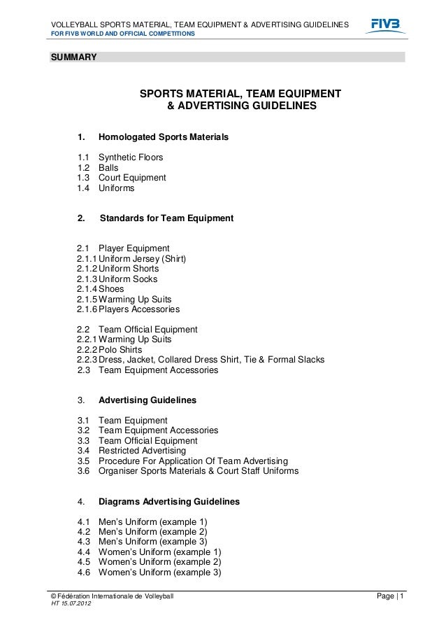 Volleyball sports material team equipment and advertising guidelines
