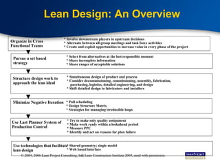 Lean Design: An Overview © Lean Construction Institute 2003, used with permission. * Involve downstream players in upstream decisions * Alternate between all-group meetings and task force activities * Create and exploit opportunities to increase value in every phase of the project Organize in Cross Functional Teams Pursue a set based strategy * Select from alternatives at the last responsible moment * Share incomplete information * Share ranges of acceptable solutions Structure design work to approach the lean ideal * Simultaneous design of product and process * Consider decommissioning, commissioning, assembly, fabrication, purchasing, logistics, detailed engineering, and design * Shift detailed design to fabricators and installers Minimize Negative Iteration * Pull scheduling * Design Structure Matrix * Strategies for managing irreducible loops Use Last Planner System of Production Control * Try to make only quality assignment * Make work ready within a lookahead period * Measure PPC * Identify and act on reasons for plan failure Use technologies that facilitate lean design * Shared geometry; single model * Web based interface 