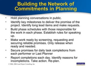 Building the Network of Commitments in Planning Hold planning conversations in public. Identify key milestones to deliver the promise of the project. Identify long lead items and make requests. Build phase schedules with those responsible for the work in each phase. Establish rules for speaking up. Make work ready by screening, requesting and securing reliable promises. Only release when ready and needed. Secure promises for daily task completions from each performer or Last Planner Report completions each day. Identify reasons for incompletions. Take action. Re-plan. 