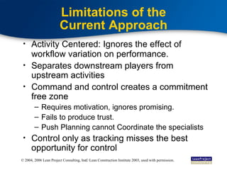 Limitations of the Current Approach Activity Centered: Ignores the effect of workflow variation on performance. Separates downstream players from upstream activities Command and control creates a commitment free zone Requires motivation, ignores promising.  Fails to produce trust. Push Planning cannot Coordinate the specialists  Control only as tracking misses the best opportunity for control © Lean Construction Institute 2003, used with permission. 