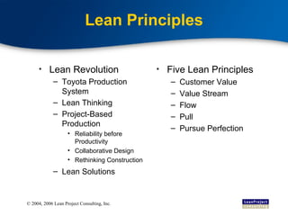 Lean Principles Lean Revolution Toyota Production System  Lean Thinking Project-Based Production Reliability before Productivity Collaborative Design Rethinking Construction Lean Solutions Five Lean Principles Customer Value Value Stream Flow Pull Pursue Perfection 