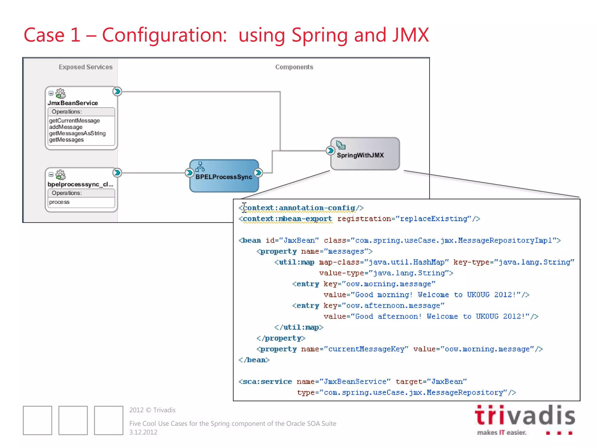 Case 1 – Configuration: using Spring and JMX




           2012 © Trivadis

           Five Cool Use Cases for the Spring component of the Oracle SOA Suite
           3.12.2012
 