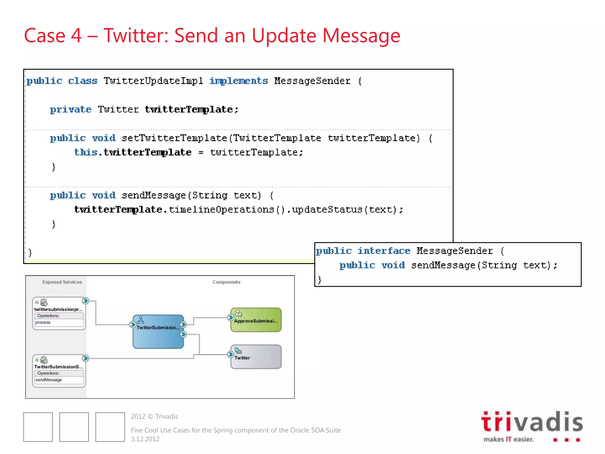 Case 4 – Twitter: Send an Update Message




           2012 © Trivadis

           Five Cool Use Cases for the Spring component of the Oracle SOA Suite
           3.12.2012
 