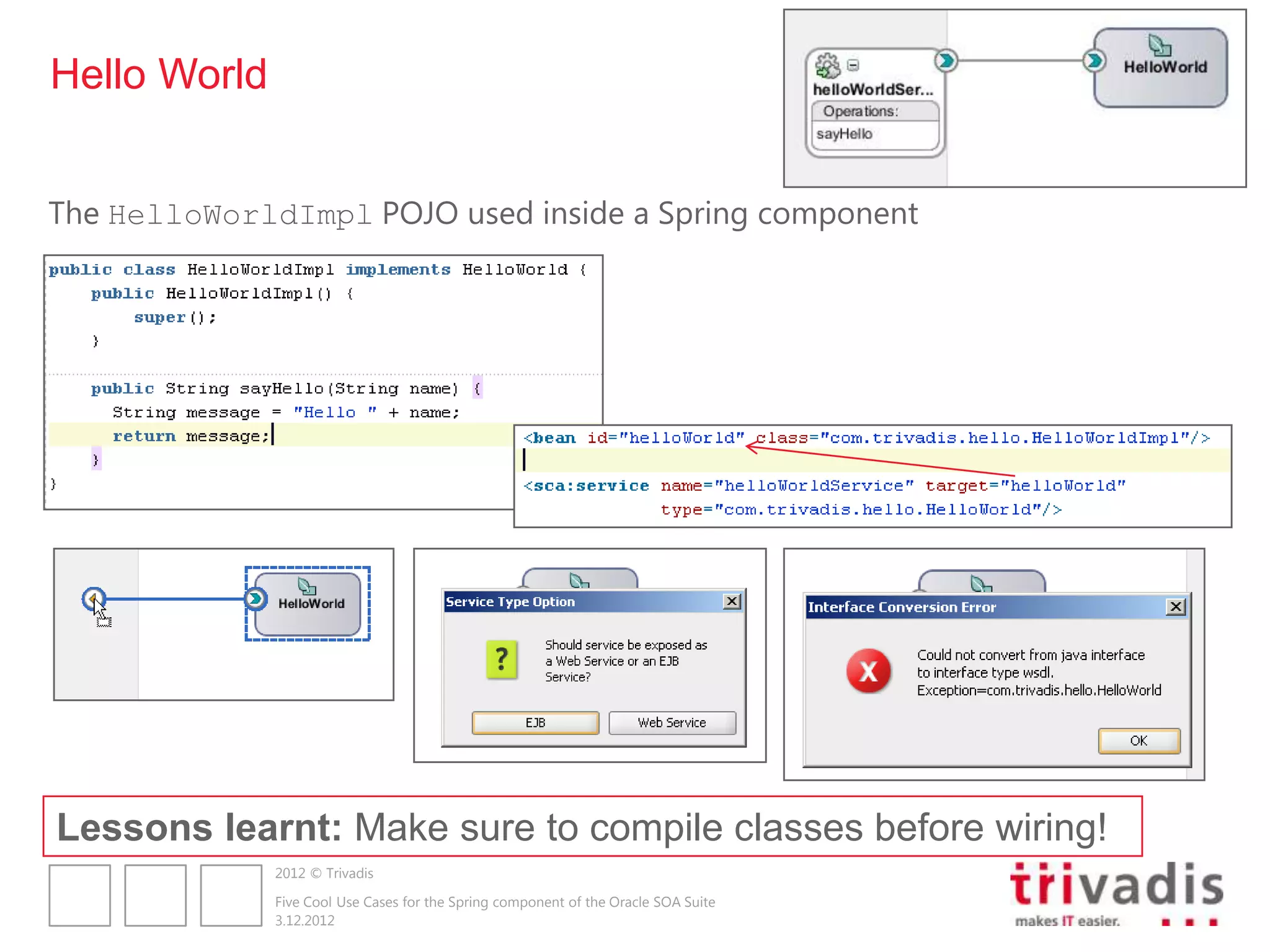 Hello World


The HelloWorldImpl POJO used inside a Spring component




Lessons learnt: Make sure to compile classes before wiring!
              2012 © Trivadis

              Five Cool Use Cases for the Spring component of the Oracle SOA Suite
              3.12.2012
 
