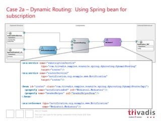 Case 2a – Dynamic Routing: Using Spring bean for
subscription




           2012 © Trivadis

           Five Cool Use Cases for the Spring component of the Oracle SOA Suite
           3.12.2012
 