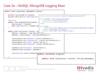 Case 3a – NoSQL: MongoDB Logging Bean




          2012 © Trivadis

          Five Cool Use Cases for the Spring component of the Oracle SOA Suite
          3.12.2012
 