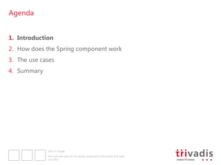 Agenda


1. Introduction
2. How does the Spring component work
3. The use cases
4. Summary




             2012 © Trivadis

             Five Cool Use Cases for the Spring component of the Oracle SOA Suite
             3.12.2012
 