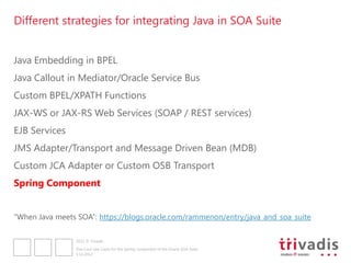 Different strategies for integrating Java in SOA Suite


Java Embedding in BPEL
Java Callout in Mediator/Oracle Service Bus
Custom BPEL/XPATH Functions
JAX-WS or JAX-RS Web Services (SOAP / REST services)
EJB Services
JMS Adapter/Transport and Message Driven Bean (MDB)
Custom JCA Adapter or Custom OSB Transport
Spring Component


“When Java meets SOA”: https://blogs.oracle.com/rammenon/entry/java_and_soa_suite

                2012 © Trivadis

                Five Cool Use Cases for the Spring component of the Oracle SOA Suite
                3.12.2012
 