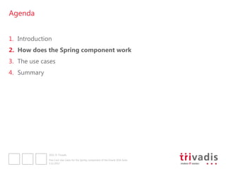 Agenda


1. Introduction
2. How does the Spring component work
3. The use cases
4. Summary




              2012 © Trivadis

              Five Cool Use Cases for the Spring component of the Oracle SOA Suite
              3.12.2012
 