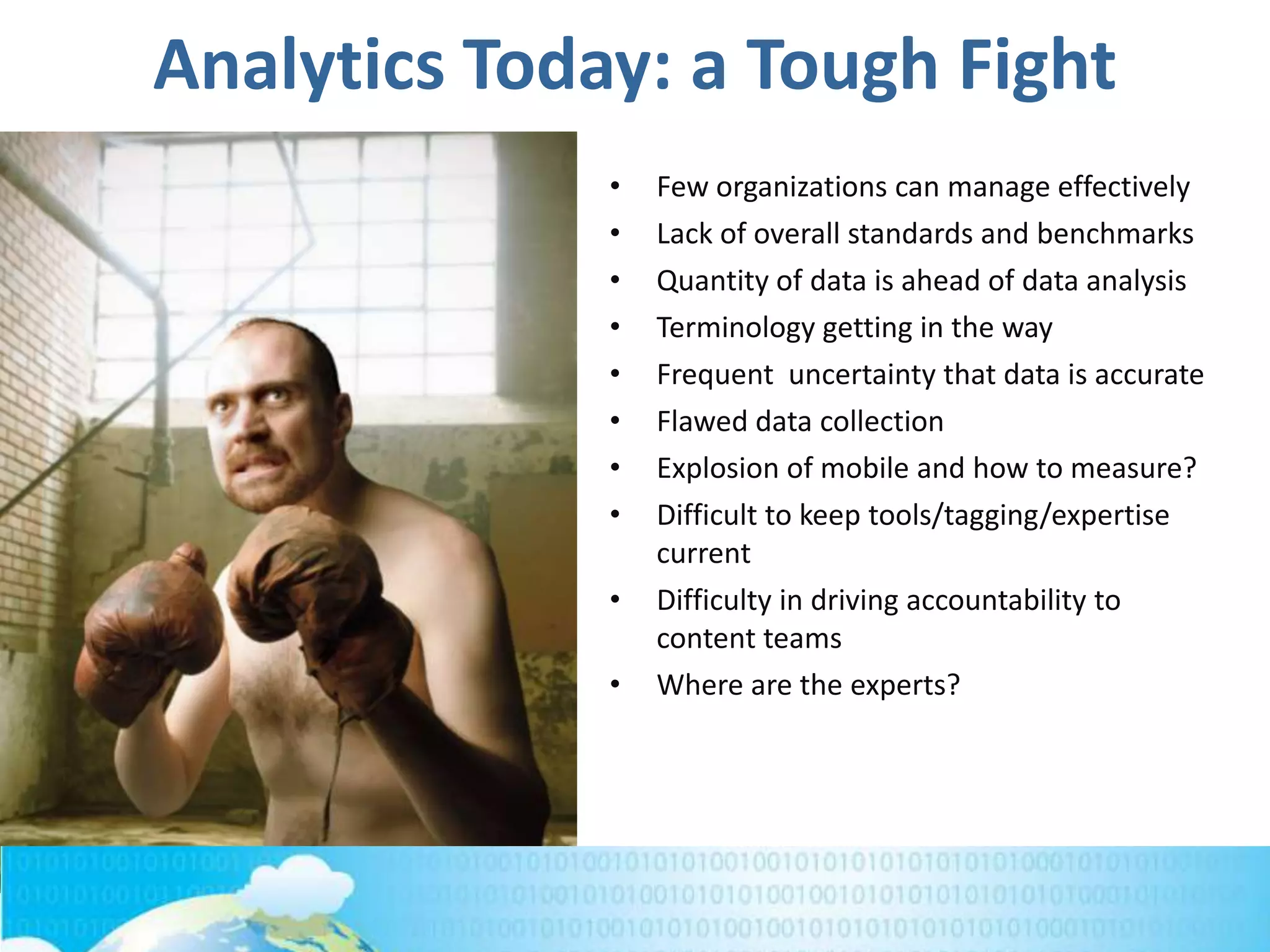 Analytics Today: a Tough Fight
• Few organizations can manage effectively
• Lack of overall standards and benchmarks
• Quantity of data is ahead of data analysis
• Terminology getting in the way
• Frequent uncertainty that data is accurate
• Flawed data collection
• Explosion of mobile and how to measure?
• Difficult to keep tools/tagging/expertise
current
• Difficulty in driving accountability to
content teams
• Where are the experts?
 