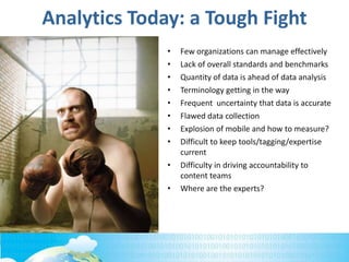 Analytics Today: a Tough Fight
• Few organizations can manage effectively
• Lack of overall standards and benchmarks
• Quantity of data is ahead of data analysis
• Terminology getting in the way
• Frequent uncertainty that data is accurate
• Flawed data collection
• Explosion of mobile and how to measure?
• Difficult to keep tools/tagging/expertise
current
• Difficulty in driving accountability to
content teams
• Where are the experts?
 