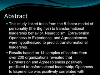 Five factor model of personality and transformational leadership | PPTX