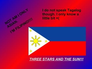 NOT AM I ONLY ASIAN. I’M FILIPINO!!!! THREE STARS AND THE SUN!!! I do not speak Tagalog though. I only know a little bit =(
