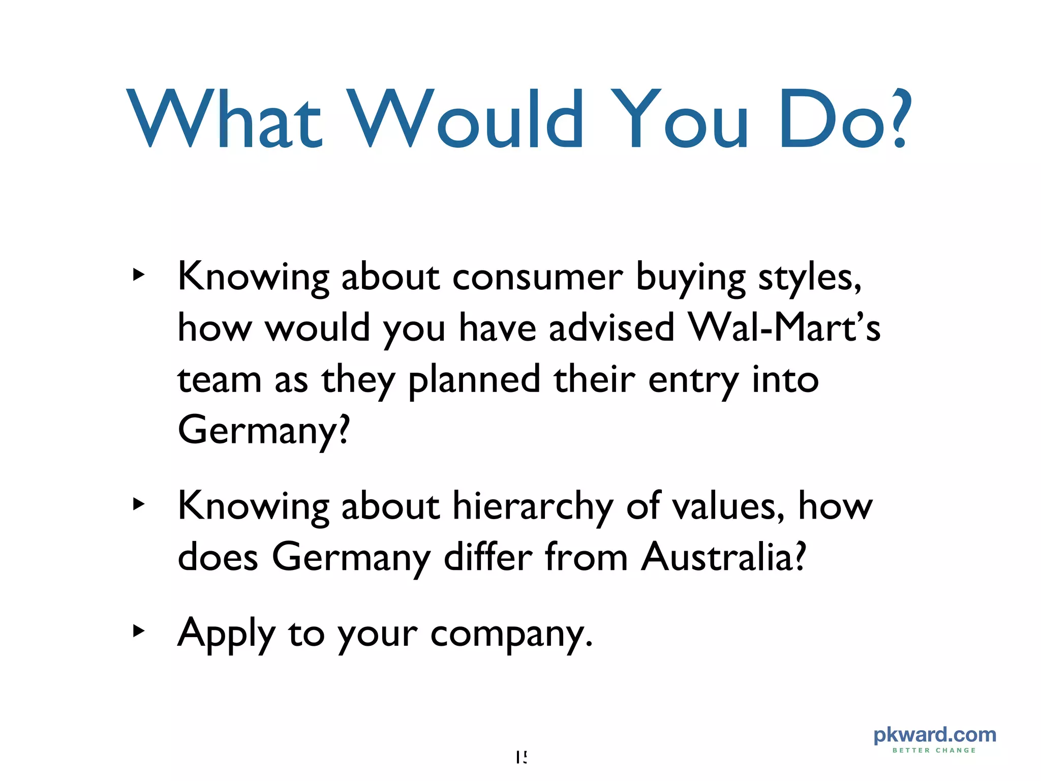 What Would You Do? Knowing about consumer buying styles, how would you have advised Wal-Mart’s team as they planned their entry into Germany? Knowing about hierarchy of values, how does Germany differ from Australia? Apply to your company. 