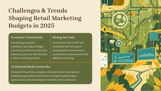 Challenges & Trends
Shaping Retail Marketing
Budgets in 2025
Economic Uncertainty
Fluctuating economic
conditions and digital fatigue
are driving retailers to prioritize
efficiency and cost-effectiveness
in their marketing spend.
Rising Ad Costs
Increasing costs in PPC and
traditional advertising are
pushing shifts towards more
performance-based models like
affiliate marketing.
AI & Retail Media Networks
Advanced AI and the emergence of retail media networks are
enabling unprecedented precision in targeting and budget
optimization, transforming how retailers reach customers.
 