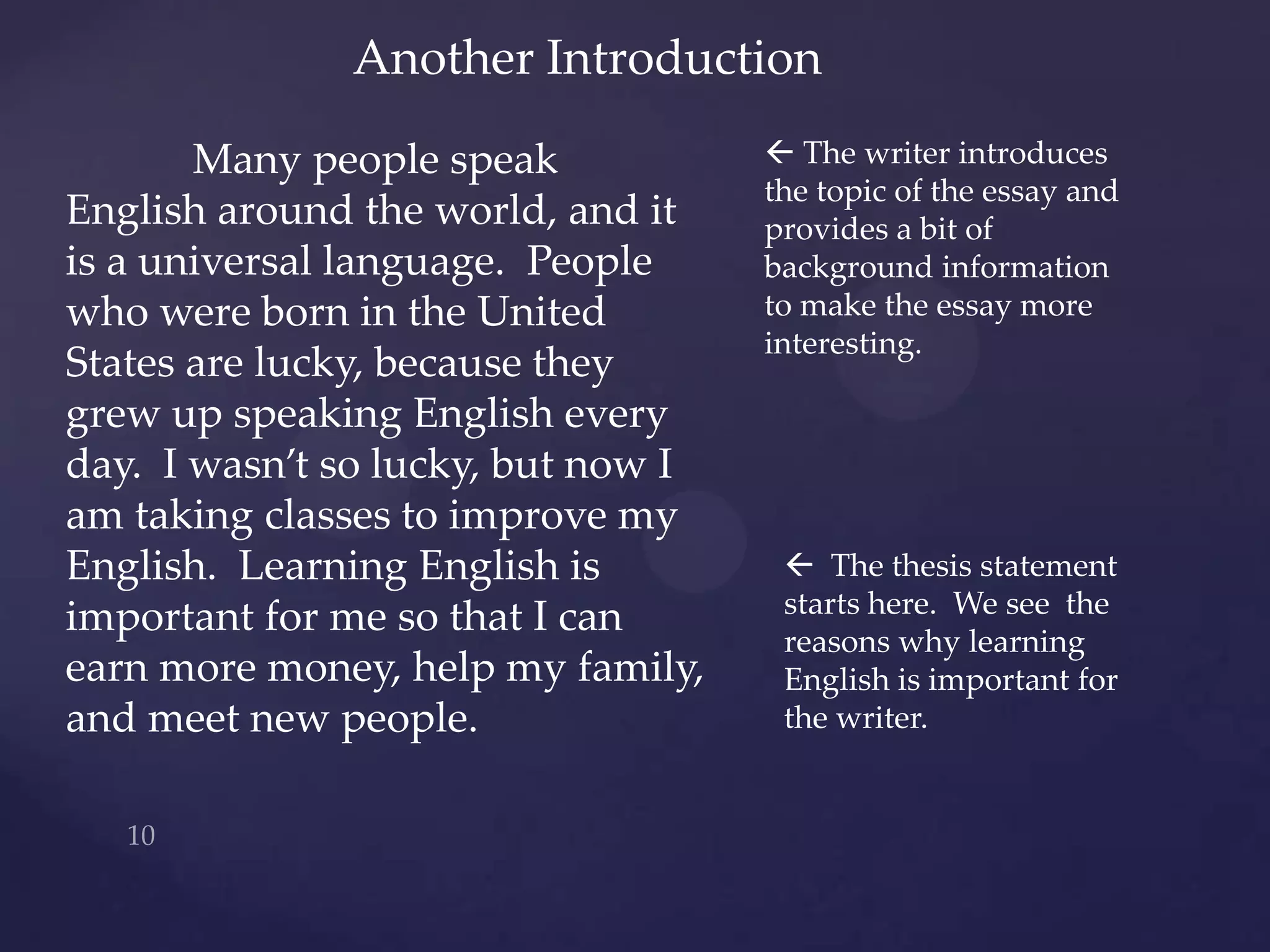 Another Introduction

       Many people speak             The writer introduces
                                    the topic of the essay and
English around the world, and it    provides a bit of
is a universal language. People     background information
who were born in the United         to make the essay more
                                    interesting.
States are lucky, because they
grew up speaking English every
day. I wasn’t so lucky, but now I
am taking classes to improve my
English. Learning English is          The thesis statement
                                     starts here. We see the
important for me so that I can
                                     reasons why learning
earn more money, help my family,     English is important for
and meet new people.                 the writer.
 