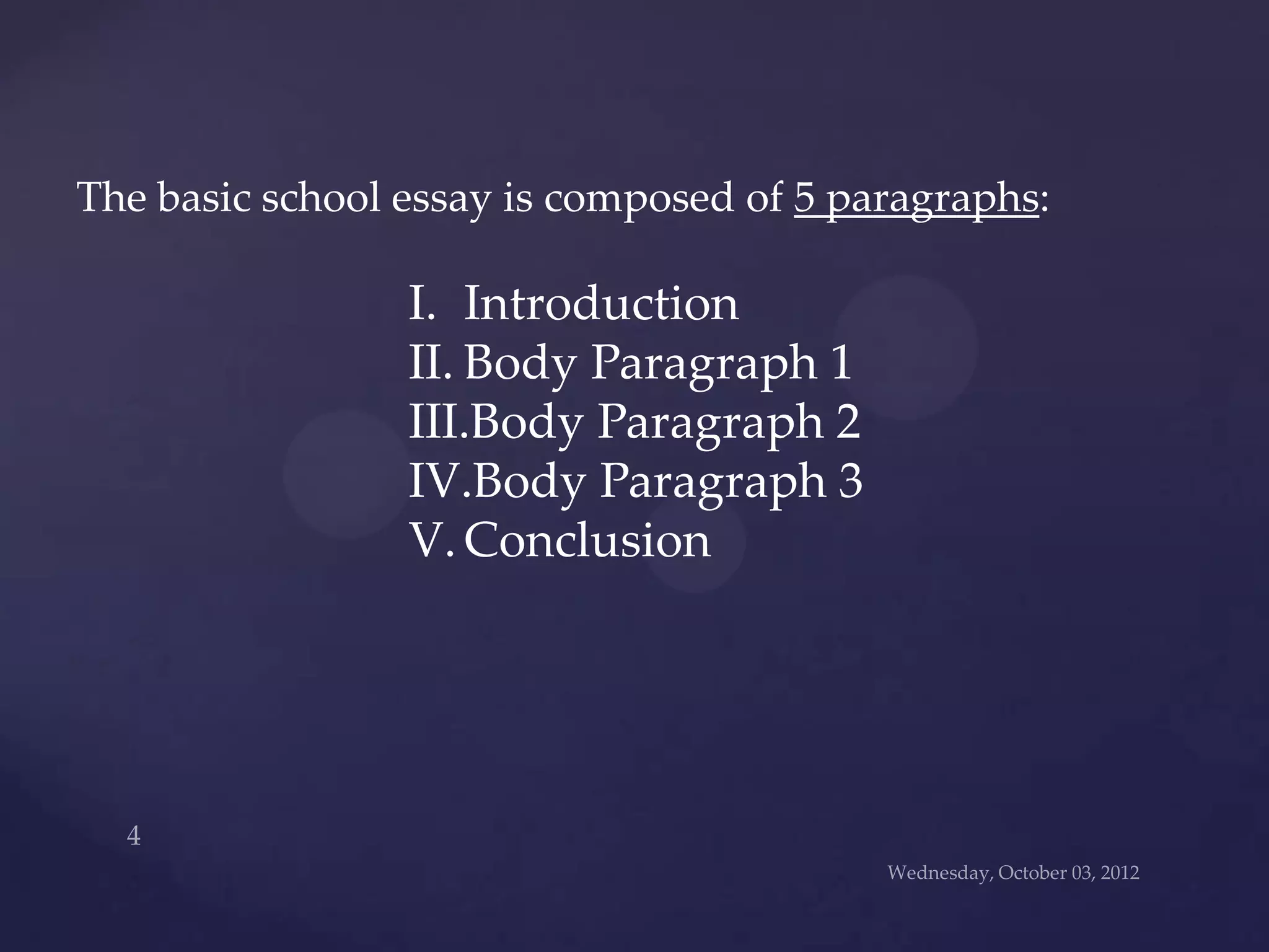 The basic school essay is composed of 5 paragraphs:

                 I. Introduction
                 II. Body Paragraph 1
                 III.Body Paragraph 2
                 IV.Body Paragraph 3
                 V. Conclusion
 