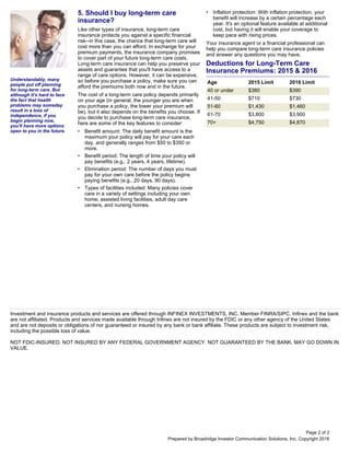 Prepared by Broadridge Investor Communication Solutions, Inc. Copyright 2016
Investment and insurance products and services are offered through INFINEX INVESTMENTS, INC. Member FINRA/SIPC. Infinex and the bank
are not affiliated. Products and services made available through Infinex are not insured by the FDIC or any other agency of the United States
and are not deposits or obligations of nor guaranteed or insured by any bank or bank affiliate. These products are subject to investment risk,
including the possible loss of value.
NOT FDIC-INSURED. NOT INSURED BY ANY FEDERAL GOVERNMENT AGENCY. NOT GUARANTEED BY THE BANK. MAY GO DOWN IN
VALUE.
5. Should I buy long-term care
insurance?
Like other types of insurance, long-term care
insurance protects you against a specific financial
risk--in this case, the chance that long-term care will
cost more than you can afford. In exchange for your
premium payments, the insurance company promises
to cover part of your future long-term care costs.
Long-term care insurance can help you preserve your
assets and guarantee that you'll have access to a
range of care options. However, it can be expensive,
so before you purchase a policy, make sure you can
afford the premiums both now and in the future.
The cost of a long-term care policy depends primarily
on your age (in general, the younger you are when
you purchase a policy, the lower your premium will
be), but it also depends on the benefits you choose. If
you decide to purchase long-term care insurance,
here are some of the key features to consider:
• Benefit amount: The daily benefit amount is the
maximum your policy will pay for your care each
day, and generally ranges from $50 to $350 or
more.
• Benefit period: The length of time your policy will
pay benefits (e.g., 2 years, 4 years, lifetime).
• Elimination period: The number of days you must
pay for your own care before the policy begins
paying benefits (e.g., 20 days, 90 days).
• Types of facilities included: Many policies cover
care in a variety of settings including your own
home, assisted living facilities, adult day care
centers, and nursing homes.
• Inflation protection: With inflation protection, your
benefit will increase by a certain percentage each
year. It's an optional feature available at additional
cost, but having it will enable your coverage to
keep pace with rising prices.
Your insurance agent or a financial professional can
help you compare long-term care insurance policies
and answer any questions you may have.
Deductions for Long-Term Care
Insurance Premiums: 2015 & 2016
Age 2015 Limit 2016 Limit
40 or under $380 $390
41-50 $710 $730
51-60 $1,430 $1,460
61-70 $3,800 $3,900
70+ $4,750 $4,870
Understandably, many
people put off planning
for long-term care. But
although it's hard to face
the fact that health
problems may someday
result in a loss of
independence, if you
begin planning now,
you'll have more options
open to you in the future.
Page 2 of 2
 