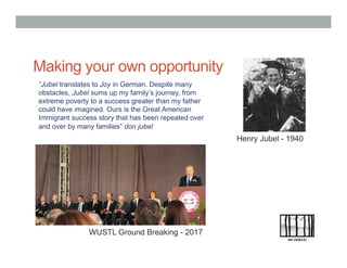 “Jubel translates to Joy in German. Despite many
obstacles, Jubel sums up my family’s journey, from
extreme poverty to a success greater than my father
could have imagined. Ours is the Great American
Immigrant success story that has been repeated over
and over by many families” don jubel
Making your own opportunity
Henry Jubel - 1940
WUSTL Ground Breaking - 2017
 