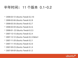 ʱ䣺 11 汾 0.1~0.2

? 2008-03-12 Ubuntu Tweak 0.2.10
? 2008-03-06 Ubuntu Tweak 0.2.8
? 2008-02-26 Ubuntu Tweak 0.2.7
? 2008-02-04 Ubuntu Tweak 0.2.6
? 2008-01- 22 Ubuntu Tweak 0.2.5
? 2007-12-15 Ubuntu Tweak 0.2.4
? 2007-12-12 Ubuntu Tweak 0.2.4 Beta1
? 2007-11-20 Ubuntu Tweak 0.2.1
? 2007-11-10 Ubuntu Tweak 0.2.0
? 2007-09-23 Ubuntu Tweak 0.1.4
? 2007-09-09 Ubuntu Tweak 0.1.2
 