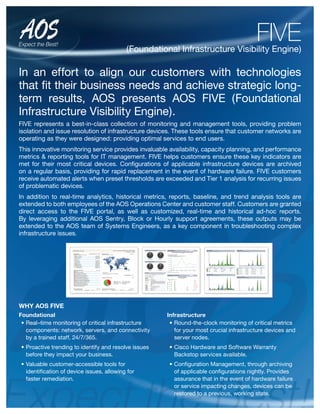 FIVE(Foundational Infrastructure Visibility Engine)
In an effort to align our customers with technologies
that ﬁt their business needs and achieve strategic long-
term results, AOS presents AOS FIVE (Foundational
Infrastructure Visibility Engine).
FIVE represents a best-in-class collection of monitoring and management tools, providing problem
isolation and issue resolution of infrastructure devices. These tools ensure that customer networks are
operating as they were designed: providing optimal services to end users.
This innovative monitoring service provides invaluable availability, capacity planning, and performance
metrics & reporting tools for IT management. FIVE helps customers ensure these key indicators are
met for their most critical devices. Conﬁgurations of applicable infrastructure devices are archived
on a regular basis, providing for rapid replacement in the event of hardware failure. FIVE customers
receive automated alerts when preset thresholds are exceeded and Tier 1 analysis for recurring issues
of problematic devices.
In addition to real-time analytics, historical metrics, reports, baseline, and trend analysis tools are
extended to both employees of the AOS Operations Center and customer staff. Customers are granted
direct access to the FIVE portal, as well as customized, real-time and historical ad-hoc reports.
By leveraging additional AOS Sentry, Block or Hourly support agreements, these outputs may be
extended to the AOS team of Systems Engineers, as a key component in troubleshooting complex
infrastructure issues.
Foundational
Real–time monitoring of critical infrastructure
components: network, servers, and connectivity
by a trained staff, 24/7/365.
Proactive trending to identify and resolve issues
before they impact your business.
Valuable customer-accessible tools for
identiﬁcation of device issues, allowing for
faster remediation.
Infrastructure
Round-the-clock monitoring of critical metrics
for your most crucial infrastructure devices and
server nodes.
Cisco Hardware and Software Warranty
Backstop services available.
Conﬁguration Management, through archiving
of applicable conﬁgurations nightly. Provides
assurance that in the event of hardware failure
or service impacting changes, devices can be
restored to a previous, working state.
WHY AOS FIVE
 