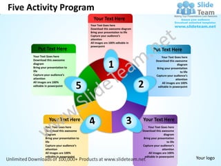 Five Activity Program
                                              Your Text Here
                                            Your Text Goes here
                                            Download this awesome diagram
                                            Bring your presentation to life
                                            Capture your audience’s
                                            attention
                                            All images are 100% editable in
                                            powerpoint
         Put Text Here                                                                 Put Text Here
      Your Text Goes here                                                                     Your Text Goes here
      Download this awesome

                                                         1
                                                                                         Download this awesome
      diagram                                                                                             diagram
      Bring your presentation to                                                          Bring your presentation
      life                                                                                                   to life
      Capture your audience’s                                                            Capture your audience’s
      attention                                                                                          attention

                                      5
      All images are 100%                                                                     All images are 100%
      editable in powerpoint                                                               editable in powerpoint




                  Your Text Here                                              Your Text Here
               Your Text Goes here                                                 Your Text Goes here
               Download this awesome                                          Download this awesome
               diagram                                                                         diagram
               Bring your presentation to                                      Bring your presentation
               life                                                                               to life
               Capture your audience’s                                        Capture your audience’s
               attention                                                                      attention
               All images are 100%                                                 All images are 100%
               editable in powerpoint                                           editable in powerpoint
                                                                                                                       Your logo
 