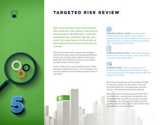 ©2018 DataRobot | 5 AI Solutions 8
Risk review functions have moved beyond
their traditional “loan review” scope and are
now looking at risk holistically – credit risk,
operational risk, compliance risk, etc. As a
result, risk review teams now focus less on
transactional risk and more on process and
controls.
Targeted Risk Review
Very few risk review teams, though, are leveraging
machine learning to improve the quality and efficiency
of their work, but they should. Machine learning can
guide field work based on business mix, risk metrics,
and past reviews of similar areas.
Control weaknesses may be identified by the number
and type of operational errors or client complaints, and
process problems may be identified by deterioration in
risk metrics.
Risk review management uses the historical findings
of their teams, along with risk metrics of all kinds,
to identify significant or escalating risks, plan their
reviews, and allocate their resources optimally.
Risk review teams constitute a key part of the third
line of defense – assuring bank management and
bank boards that no significant risks go unnoticed,
unmitigated, and unmanaged. By utilizing machine
learning, these functions can be made smarter, faster,
more effective, and more efficient.
Operational Risk: Identify potential
control weaknesses using error rates, historical
operational data, and client complaints as well as new
business volumes, employee turnover, client attrition
rates, and operational risk metrics
Compliance Risk: Predict policy exception
levels based on historical trends, product mix, control
self assessments, audit findings
Credit Risk: Predict risk levels across a
lending unit and identify pockets of higher or rising
risk using delinquency, risk rating, collections data, and
external risk indicators
 