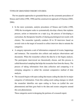 13
TYPES OF GROUNDED THEORY STUDIES:
The two popular approaches to grounded theory are the systematic procedures of
Strauss and Corbin (1990, 1998) and the constructivist approach of Charmaz (2005,
2006).
 In the more systematic, analytic procedures of Strauss and Corbin (1990,
1998) the investigator seeks to systematically develop a theory that explains
process, action or interaction on a topic (e.g. the process of developing a
curriculum, the therapeutic benefits of sharing psychological test results with
clients). The researcher typically conducts 20 to 30 interviews based on
several visits to the target of research to collect interview data to saturate the
categories.
 A category represents a unit of information composed of events, happenings
and instances. The researcher also collects and analyzes observations and
documents. When the researcher collects the data he or she begins analysis.
The participants interviewed are theoretically chosen, and this process is
called theoretical sampling that helps the researcher best form the theory. The
process of taking information from data collection and comparing it to
emerging categories is called the constant comparative method of data
analysis.
 The research begins with open coding that means coding the data for its major
categories of information. From this coding axial coding emerges in which
the researcher identifies one open coding to focus on (called the core
phenomenon) and then goes back to the data and creates categories around
this core phenomenon.
These categories assist in designing the portions of a research report.
 