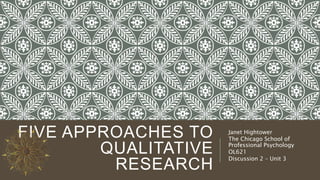 FIVE APPROACHES TO
QUALITATIVE
RESEARCH
Janet Hightower
The Chicago School of
Professional Psychology
OL621
Discussion 2 – Unit 3
 