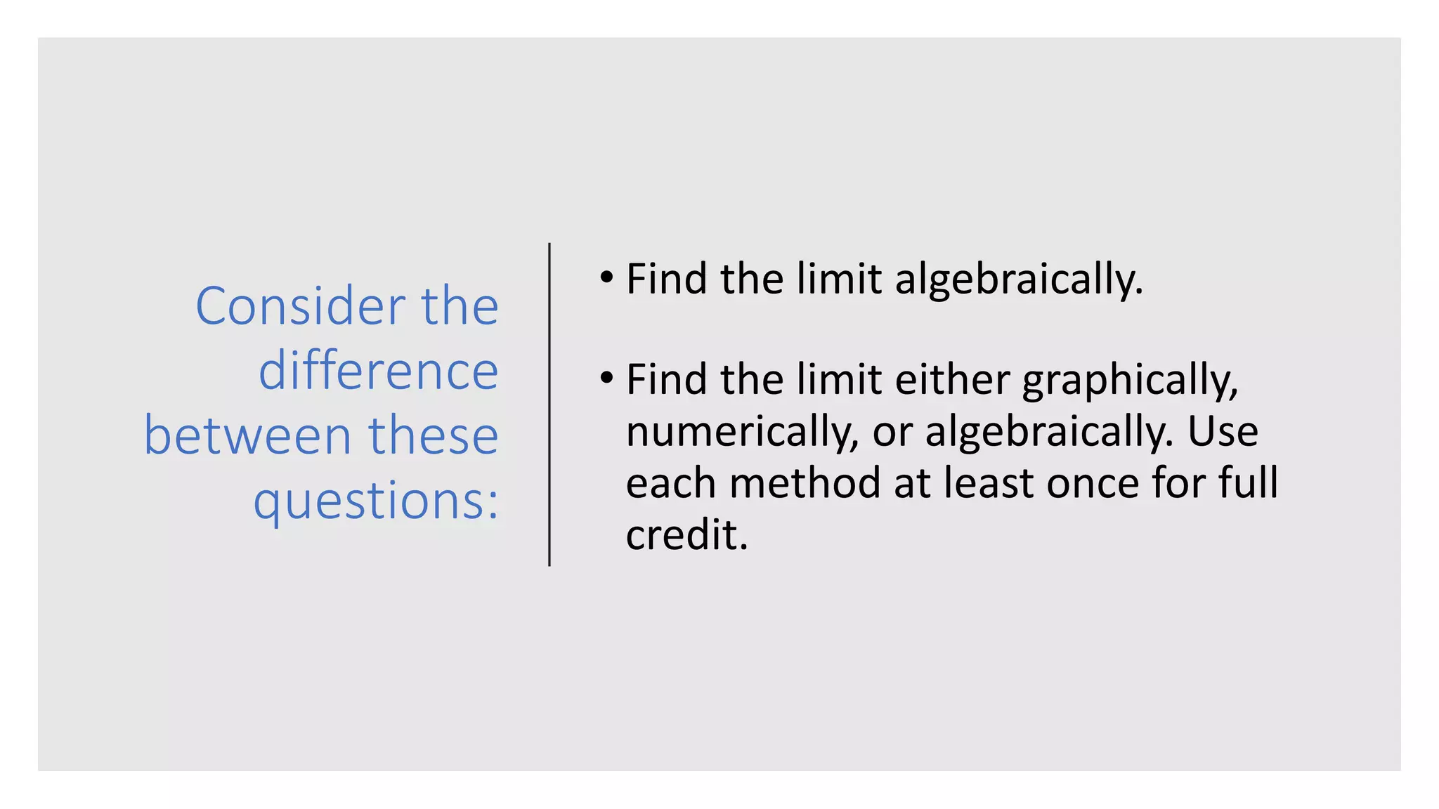 Consider the
difference
between these
questions:
• Find the limit algebraically.
• Find the limit either graphically,
numerically, or algebraically. Use
each method at least once for full
credit.
 