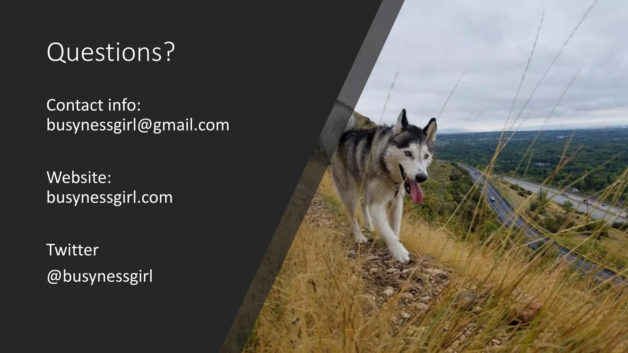 Questions?
Contact info:
busynessgirl@gmail.com
Website:
busynessgirl.com
Twitter
@busynessgirl
 