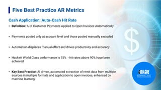 Cash Application: Auto-Cash Hit Rate
• Definition: % of Customer Payments Applied to Open Invoices Automatically
• Payments posted only at account level and those posted manually excluded
• Automation displaces manual effort and drives productivity and accuracy
• Hackett World Class performance is 75% - hit rates above 90% have been
achieved
• Key Best Practice: AI driven, automated extraction of remit data from multiple
sources in multiple formats and application to open invoices, enhanced by
machine learning
9
Five Best Practice AR Metrics
 