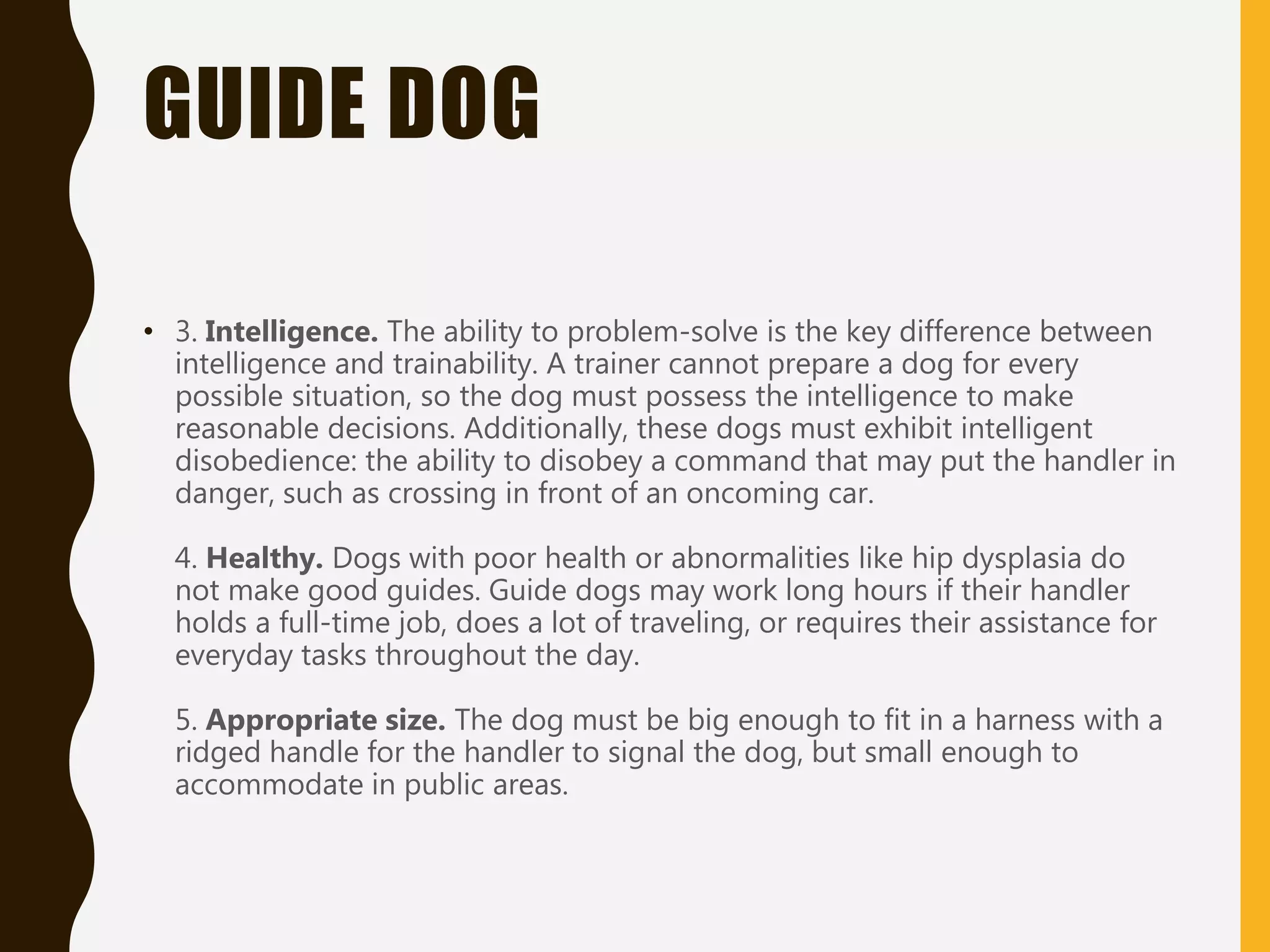 GUIDE DOG
• 3. Intelligence. The ability to problem-solve is the key difference between
intelligence and trainability. A trainer cannot prepare a dog for every
possible situation, so the dog must possess the intelligence to make
reasonable decisions. Additionally, these dogs must exhibit intelligent
disobedience: the ability to disobey a command that may put the handler in
danger, such as crossing in front of an oncoming car.
4. Healthy. Dogs with poor health or abnormalities like hip dysplasia do
not make good guides. Guide dogs may work long hours if their handler
holds a full-time job, does a lot of traveling, or requires their assistance for
everyday tasks throughout the day.
5. Appropriate size. The dog must be big enough to fit in a harness with a
ridged handle for the handler to signal the dog, but small enough to
accommodate in public areas.
 