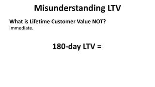 Misunderstanding LTV
What is Lifetime Customer Value NOT?
Immediate.
180-day LTV =
 