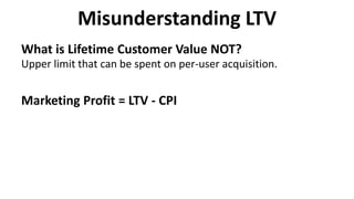 Misunderstanding LTV
What is Lifetime Customer Value NOT?
Upper limit that can be spent on per-user acquisition.
Marketing Profit = LTV - CPI
 