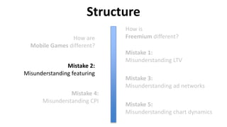 Structure
How is
Freemium different?How are
Mobile Games different?
Mistake 1:
Misunderstanding LTV
Mistake 2:
Misunderstanding featuring
Mistake 3:
Misunderstanding ad networks
Mistake 4:
Misunderstanding CPI
Mistake 5:
Misunderstanding chart dynamics
 