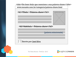 <title>Um bom título que mencione a sua palavra-chave</title>
www.meusite.com.br/categoria/palavra-chave.html
<h1>Título + Palavra-chave</h1>

palavra-chave.jpg

<h2>Subtítulo + Palavra-chave</h2>
[palavra relacionada]

Escrito por: José Silva

Por Fábio Ricotta - FiveCon - 2013

 