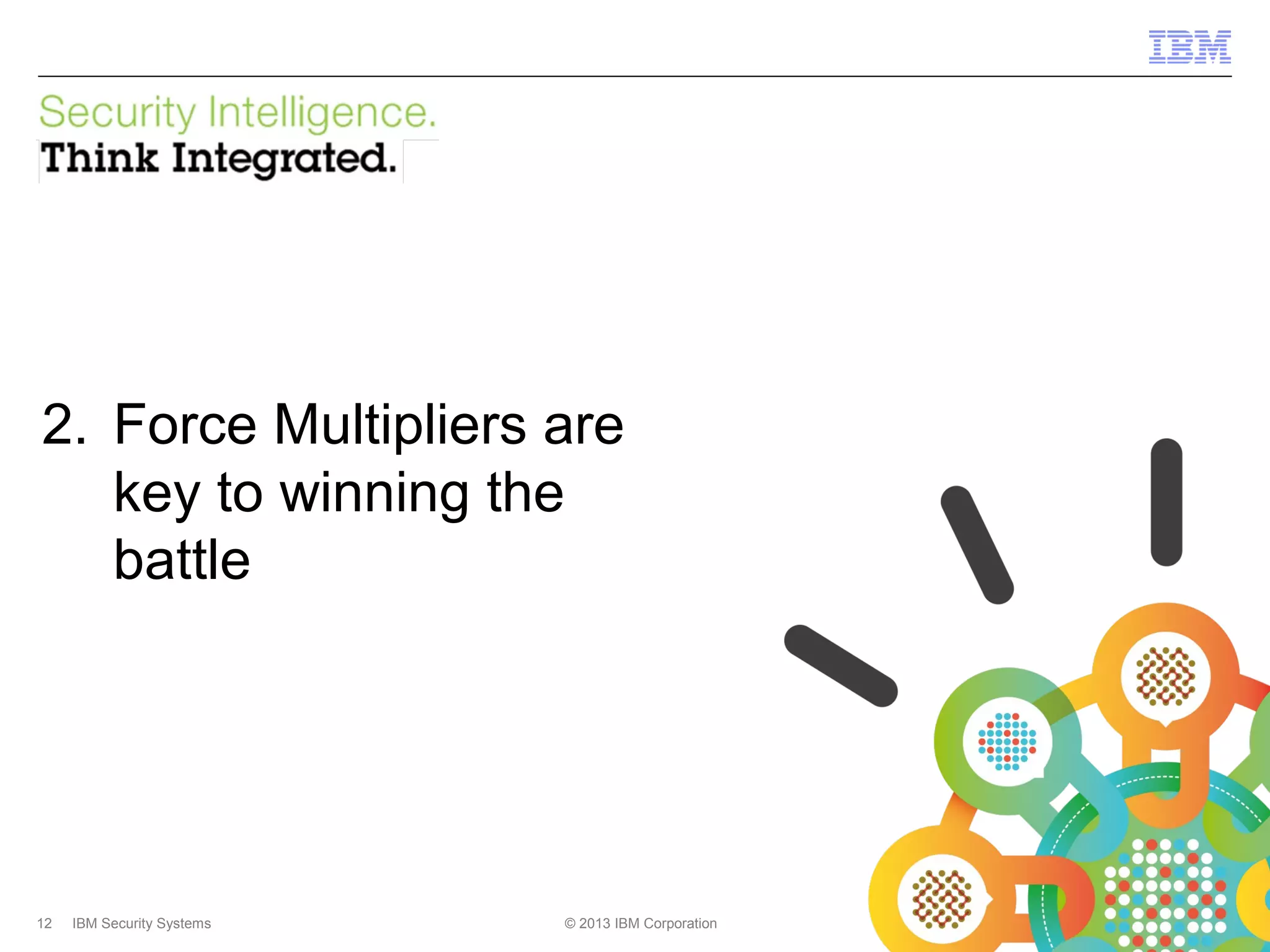 IBM Security Systems

2. Force Multipliers are
key to winning the
battle

12

IBM Security Systems

© 2013 IBM Corporation

© 2013 IBM Corporation

 