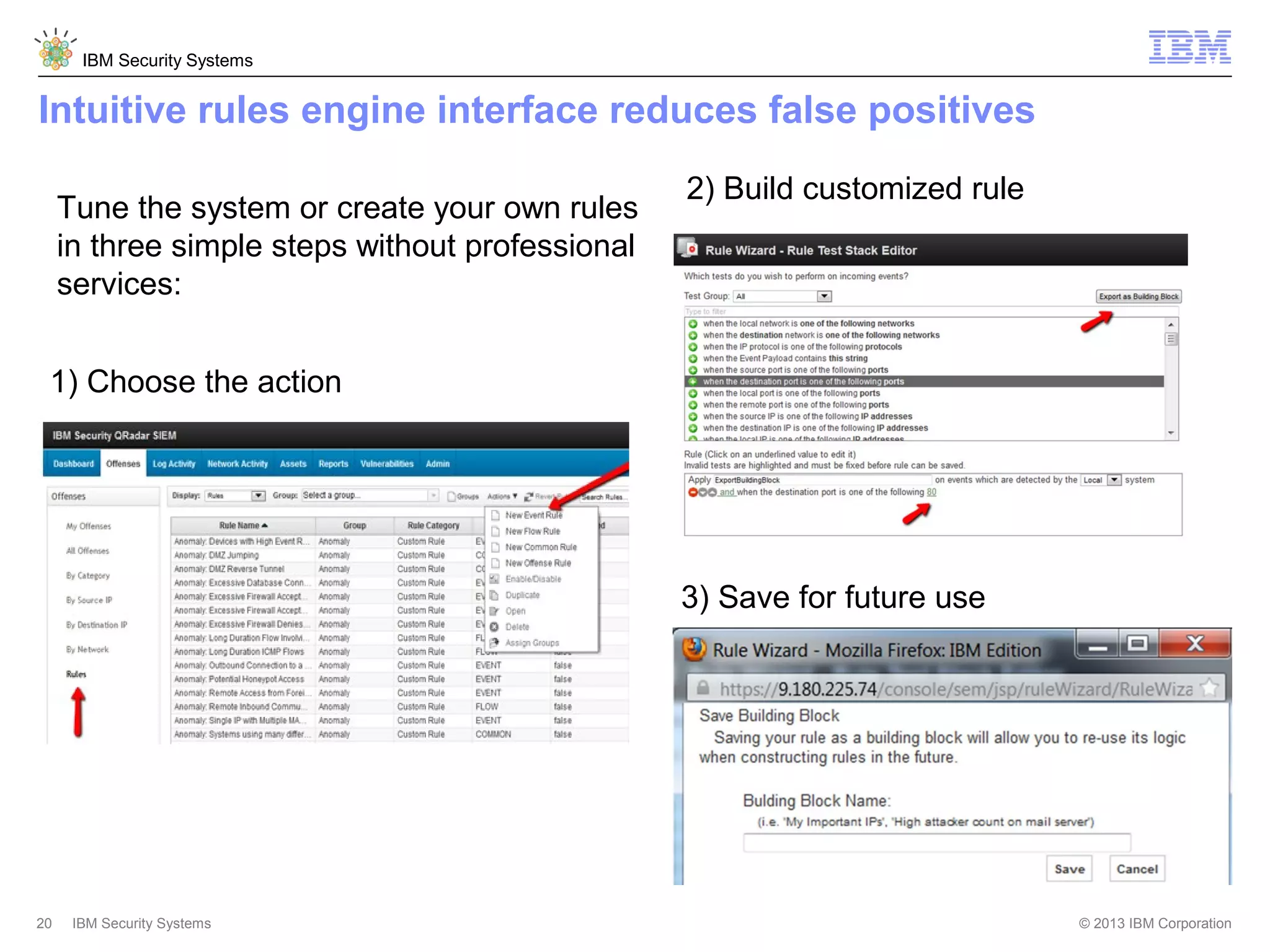 IBM Security Systems

Intuitive rules engine interface reduces false positives
Tune the system or create your own rules
in three simple steps without professional
services:

2) Build customized rule

1) Choose the action

3) Save for future use

20

IBM Security Systems

© 2013 IBM Corporation

 