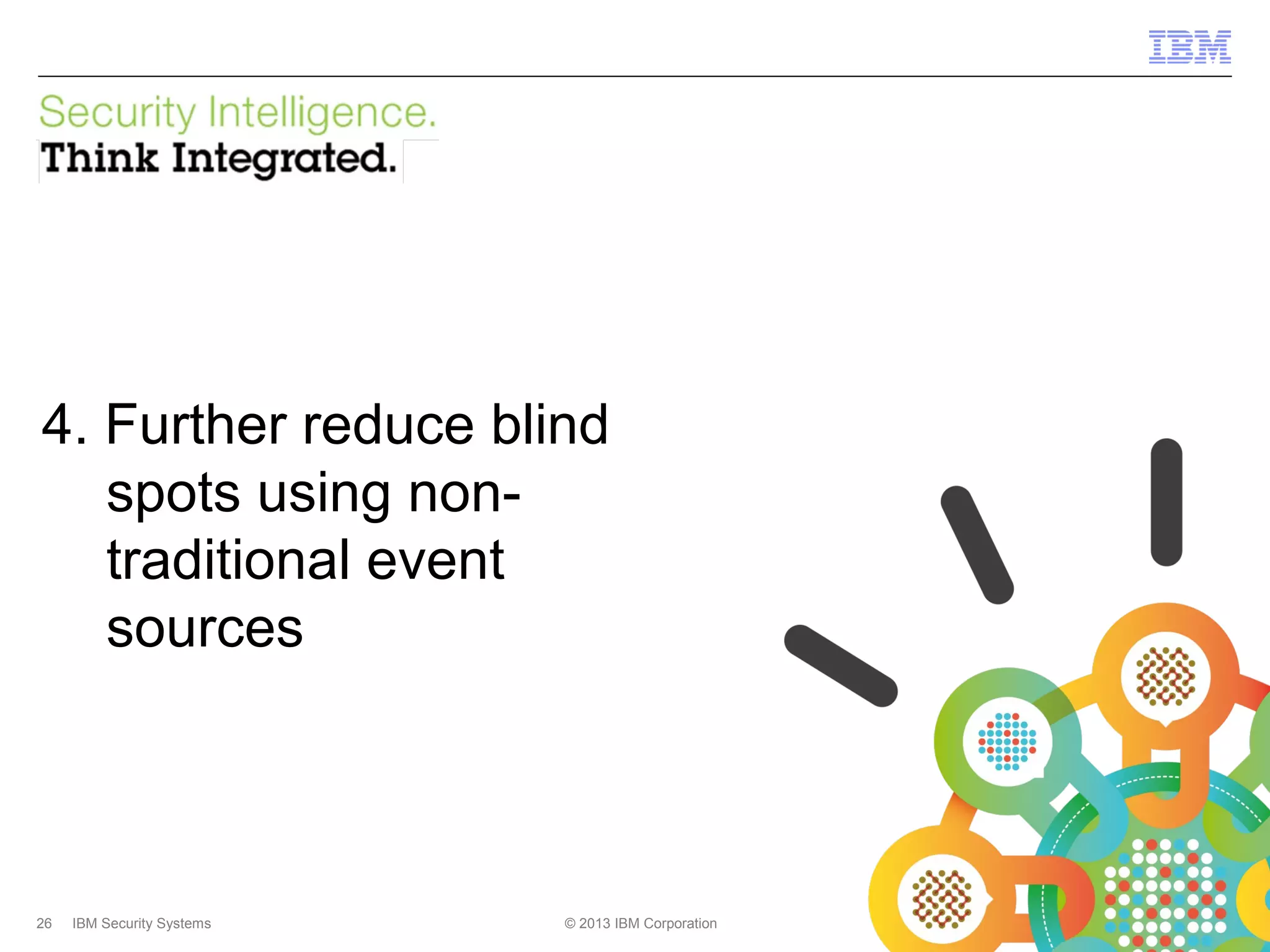 IBM Security Systems

4. Further reduce blind
spots using nontraditional event
sources

26

IBM Security Systems

© 2013 IBM Corporation

© 2013 IBM Corporation

 