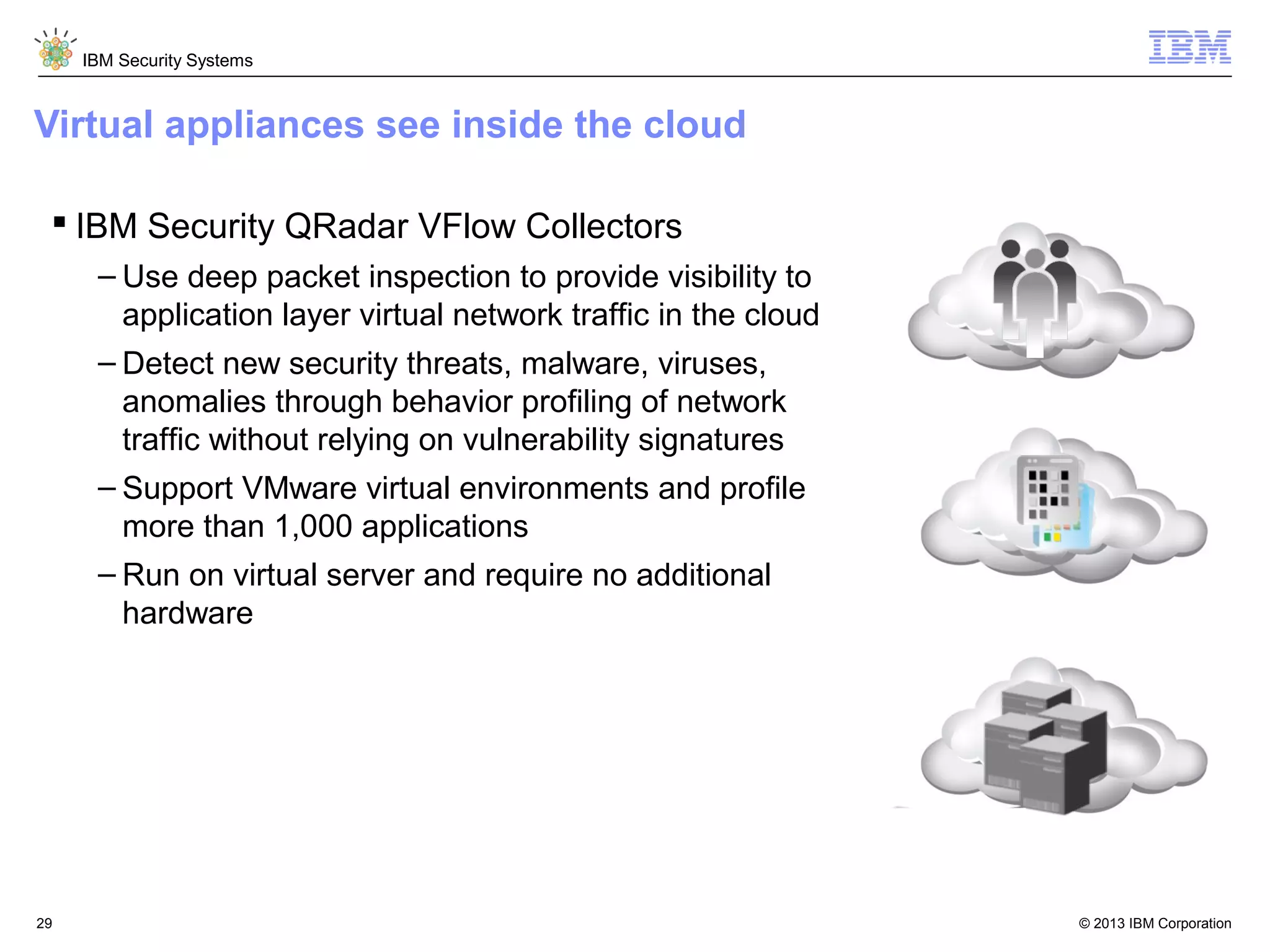 IBM Security Systems

Virtual appliances see inside the cloud
 IBM Security QRadar VFlow Collectors
– Use deep packet inspection to provide visibility to
application layer virtual network traffic in the cloud
– Detect new security threats, malware, viruses,
anomalies through behavior profiling of network
traffic without relying on vulnerability signatures
– Support VMware virtual environments and profile
more than 1,000 applications
– Run on virtual server and require no additional
hardware

29

© 2013 IBM Corporation

 