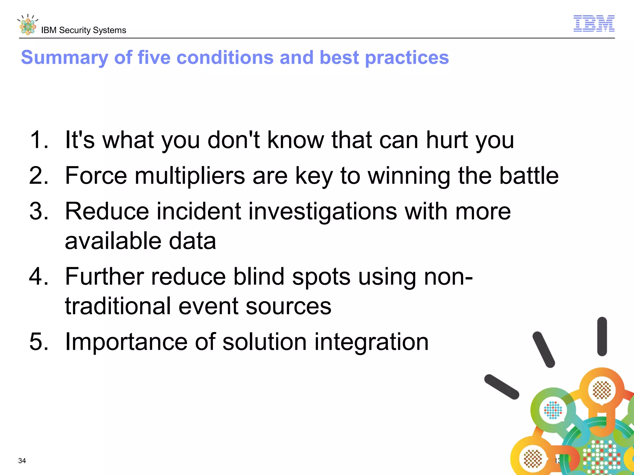 IBM Security Systems

Summary of five conditions and best practices

1. It's what you don't know that can hurt you
2. Force multipliers are key to winning the battle
3. Reduce incident investigations with more
available data
4. Further reduce blind spots using nontraditional event sources
5. Importance of solution integration

34

© 2013 IBM Corporation

 