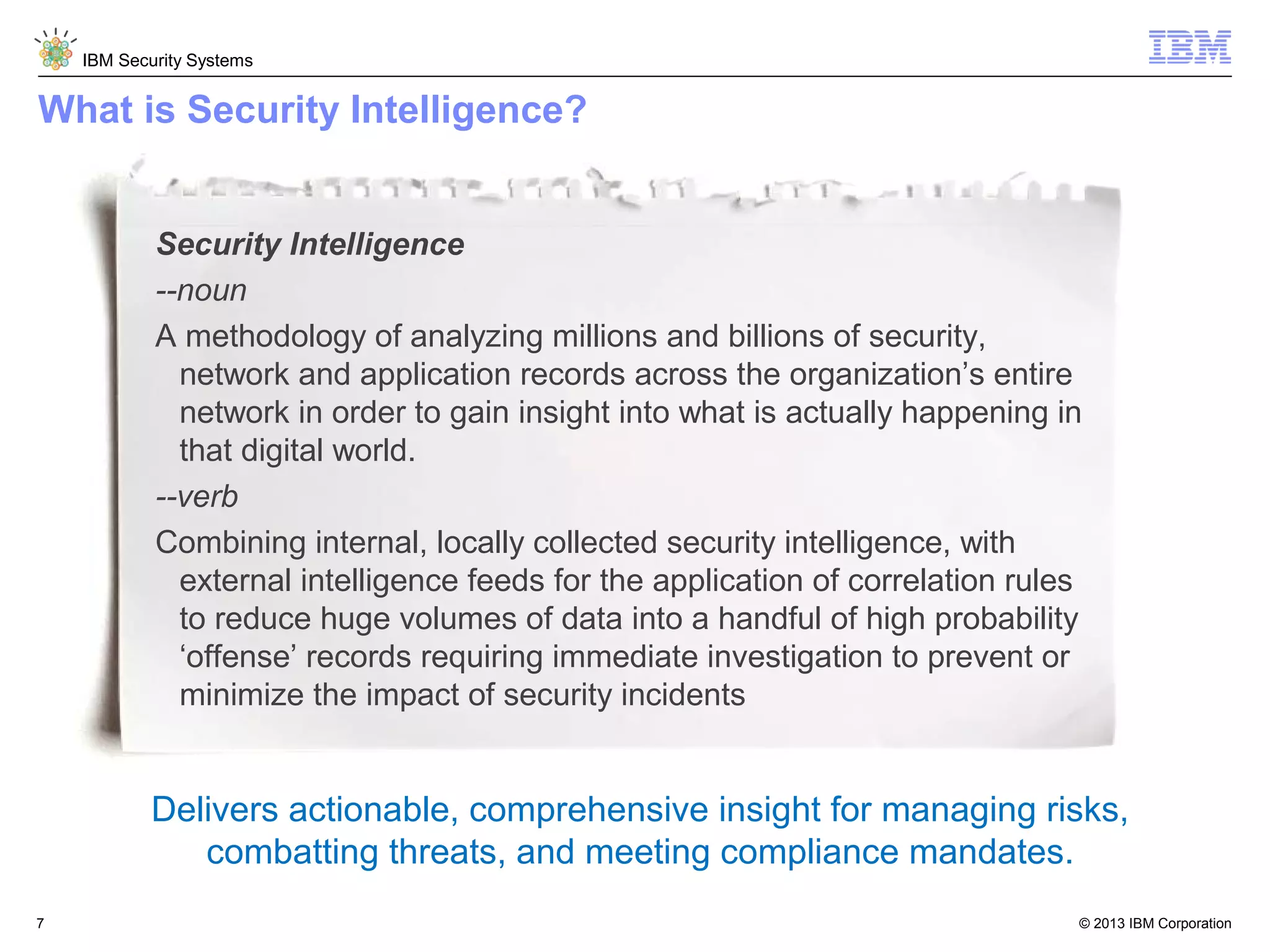 IBM Security Systems

What is Security Intelligence?
Security Intelligence
--noun
A methodology of analyzing millions and billions of security,
network and application records across the organization’s entire
network in order to gain insight into what is actually happening in
that digital world.
--verb
Combining internal, locally collected security intelligence, with
external intelligence feeds for the application of correlation rules
to reduce huge volumes of data into a handful of high probability
‘offense’ records requiring immediate investigation to prevent or
minimize the impact of security incidents

Delivers actionable, comprehensive insight for managing risks,
combatting threats, and meeting compliance mandates.
7

© 2013 IBM Corporation

 