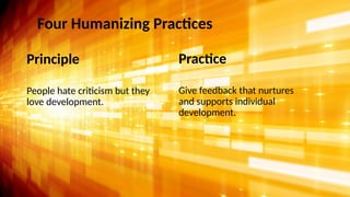 netspeedlearning.com
© 2024 Clay & Associates Inc./NetSpeed Learning 24
Four Humanizing Practices
Principle
People hate criticism but they
love development.
Practice
Give feedback that nurtures
and supports individual
development.
 