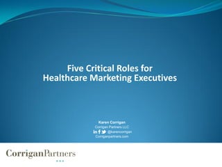 Five Critical Roles for
Healthcare Marketing Executives



              Karen Corrigan
            Corrigan Partners LLC
                    @karencorrigan
            Corriganpartners.com
 