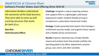 Information Builders understands
the economics of the SaaS business.
They were able to come up with
a pricing structure that works
for both of us.
Alan Rich
Chief Executive Officer
WebFOCUS at Chrome River
27
Software Provider Makes SaaS Offering Shine With BI
Challenge: Integrate a robust reporting solution
that supports RIAs in a lightweight, web-based
deployment model. Establish flexible pricing to
complement a subscription-based SaaS model.
Strategy: Create parameterized reports that leverage a
multitenant security model, and augment these reports
with a flexible ad hoc environment.
Results: Expense reporting now includes flexible
inquiry and analysis tools that provide visibility into
spending patterns by office, department, practice
group, user, client, and other variables.
Computer Services, Customer Since 2009
 