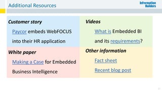 Additional Resources
30
Videos
What is Embedded BI
and its requirements?
Other information
Fact sheet
Recent blog post
Customer story
Paycor embeds WebFOCUS
into their HR application
White paper
Making a Case for Embedded
Business Intelligence
 